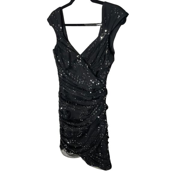 Y2K Modern Alex Evenings Black Tulle Silver Sequin Ruched Party Dress Glam - Picture 2 of 7